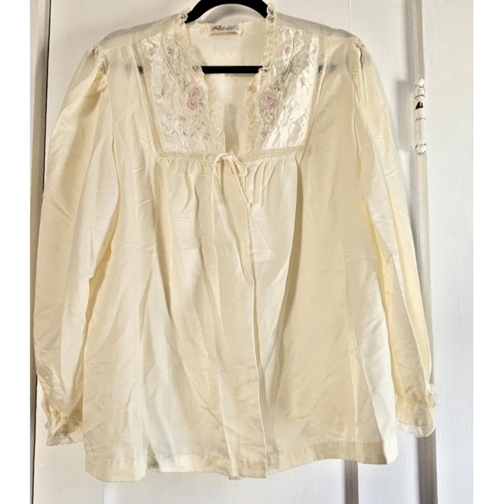 Vtg ilgwu union Reposé  satin bed jacket floral lace bib front tie ivory Sz L
